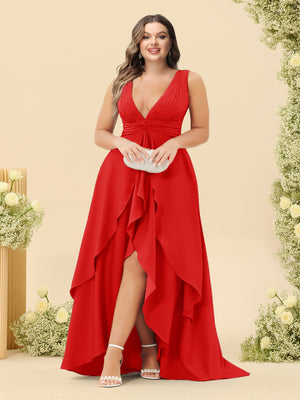A-Line/Princess Asymmetrical V-Neck Plus Size Bridesmaid Dresses With Ruffles