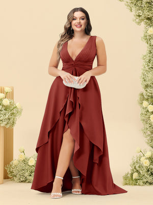 A-Line/Princess Asymmetrical V-Neck Plus Size Bridesmaid Dresses With Ruffles