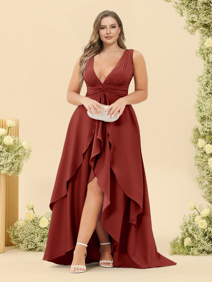 A-Line/Princess Asymmetrical V-Neck Plus Size Bridesmaid Dresses With Ruffles