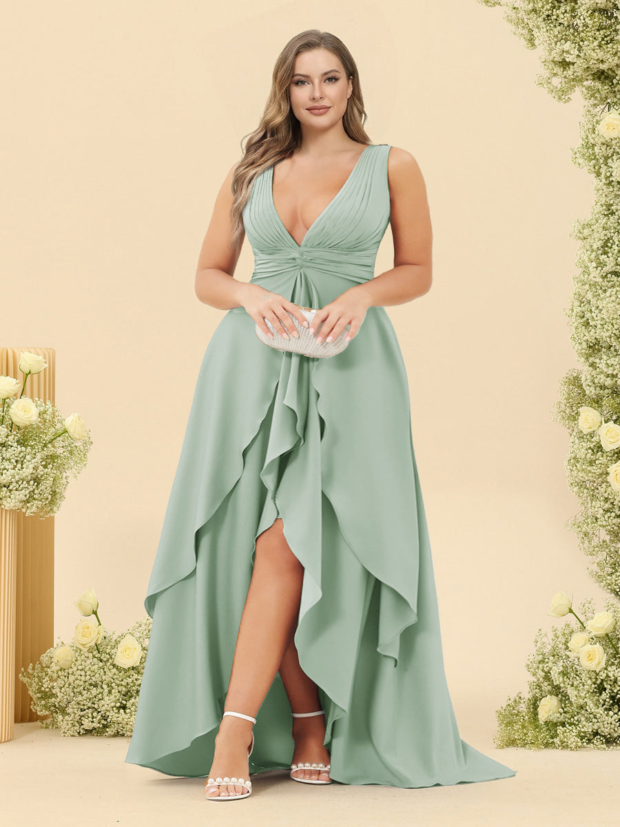 A-Line/Princess Asymmetrical V-Neck Plus Size Bridesmaid Dresses With Ruffles
