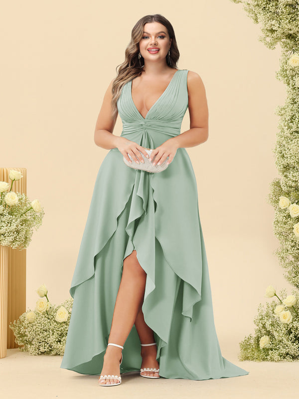 A-Line/Princess Asymmetrical V-Neck Plus Size Bridesmaid Dresses With Ruffles