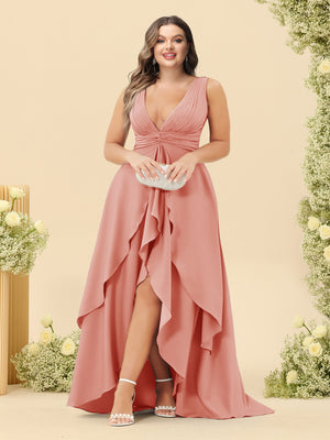 A-Line/Princess Asymmetrical V-Neck Plus Size Bridesmaid Dresses With Ruffles