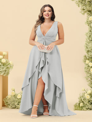A-Line/Princess Asymmetrical V-Neck Plus Size Bridesmaid Dresses With Ruffles