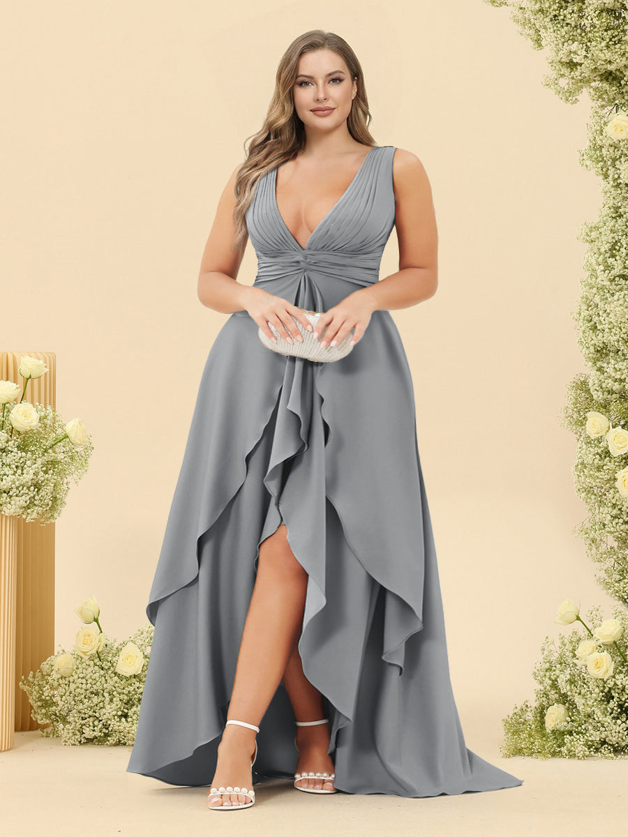 A-Line/Princess Asymmetrical V-Neck Plus Size Bridesmaid Dresses With Ruffles