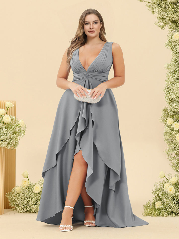 A-Line/Princess Asymmetrical V-Neck Plus Size Bridesmaid Dresses With Ruffles