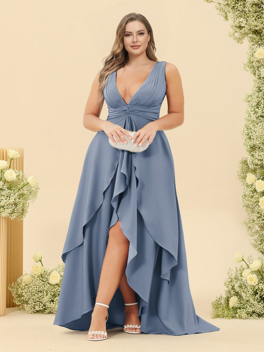 A-Line/Princess Asymmetrical V-Neck Plus Size Bridesmaid Dresses With Ruffles