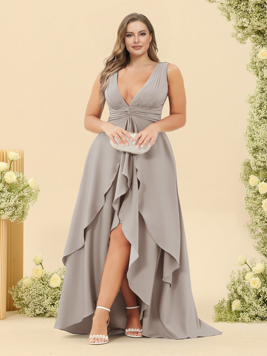 A-Line/Princess Asymmetrical V-Neck Plus Size Bridesmaid Dresses With Ruffles