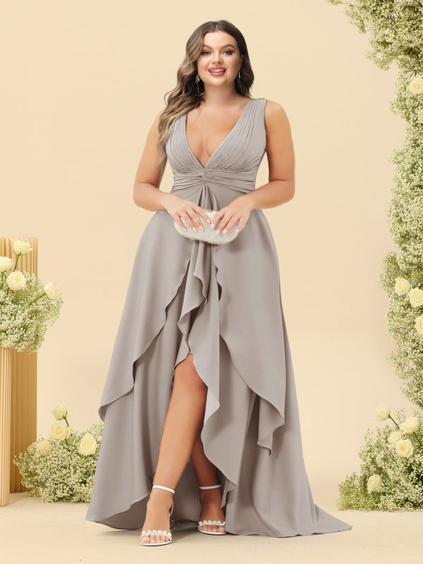A-Line/Princess Asymmetrical V-Neck Plus Size Bridesmaid Dresses With Ruffles