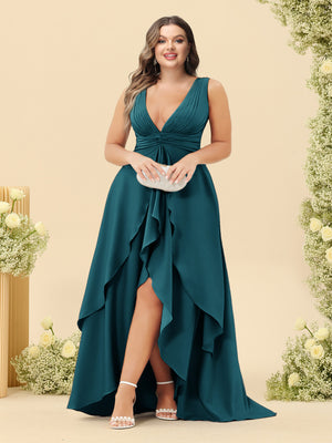 A-Line/Princess Asymmetrical V-Neck Plus Size Bridesmaid Dresses With Ruffles