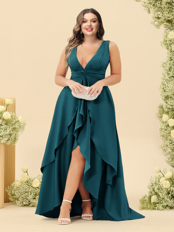 A-Line/Princess Asymmetrical V-Neck Plus Size Bridesmaid Dresses With Ruffles