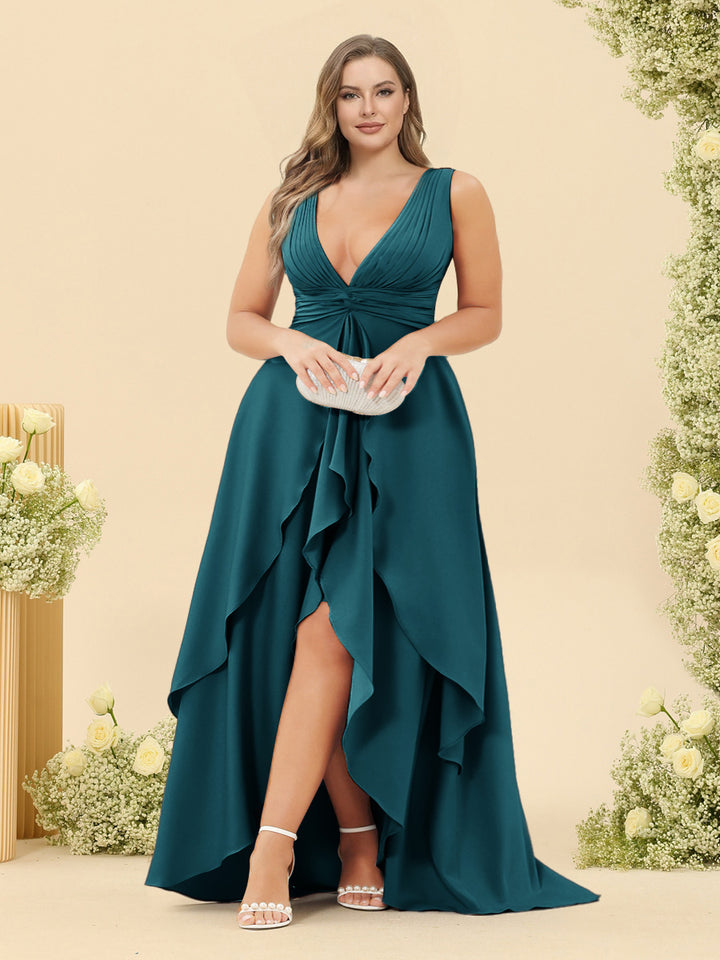 A-Line/Princess Asymmetrical V-Neck Plus Size Bridesmaid Dresses With Ruffles