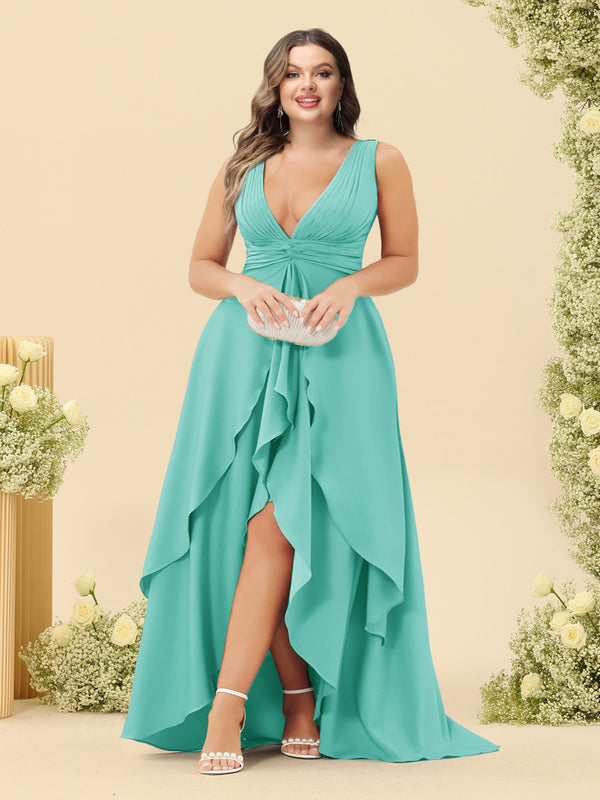 A-Line/Princess Asymmetrical V-Neck Plus Size Bridesmaid Dresses With Ruffles