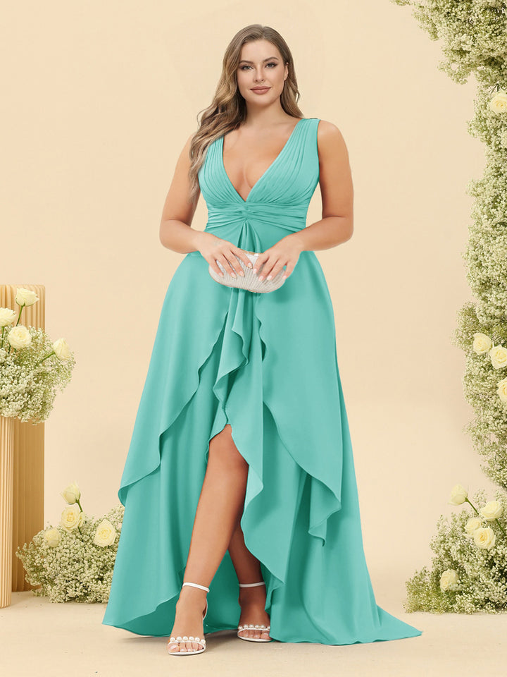 A-Line/Princess Asymmetrical V-Neck Plus Size Bridesmaid Dresses With Ruffles