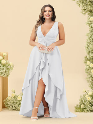 A-Line/Princess Asymmetrical V-Neck Plus Size Bridesmaid Dresses With Ruffles