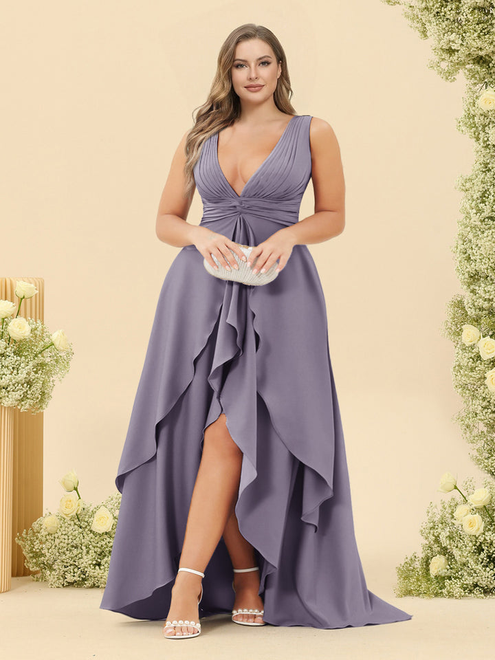 A-Line/Princess Asymmetrical V-Neck Plus Size Bridesmaid Dresses With Ruffles