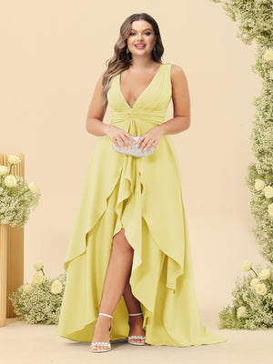 A-Line/Princess Asymmetrical V-Neck Plus Size Bridesmaid Dresses With Ruffles