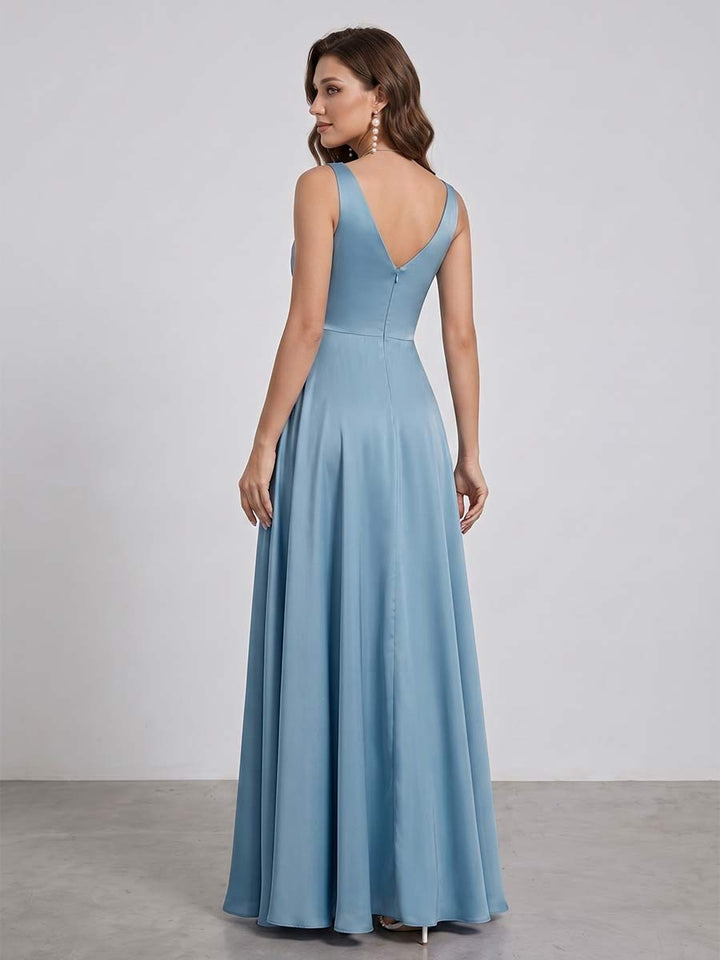 A-Line/Princess V-Neck Sleeveless Floor-Length Bridesmaid Dresses With Split Side &amp; Ruffles