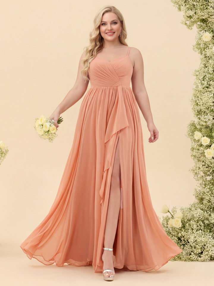 A-Line/Princess Floor-Length Spaghetti Straps Ruffles Plus Size Bridesmaid Dresses With Split Side