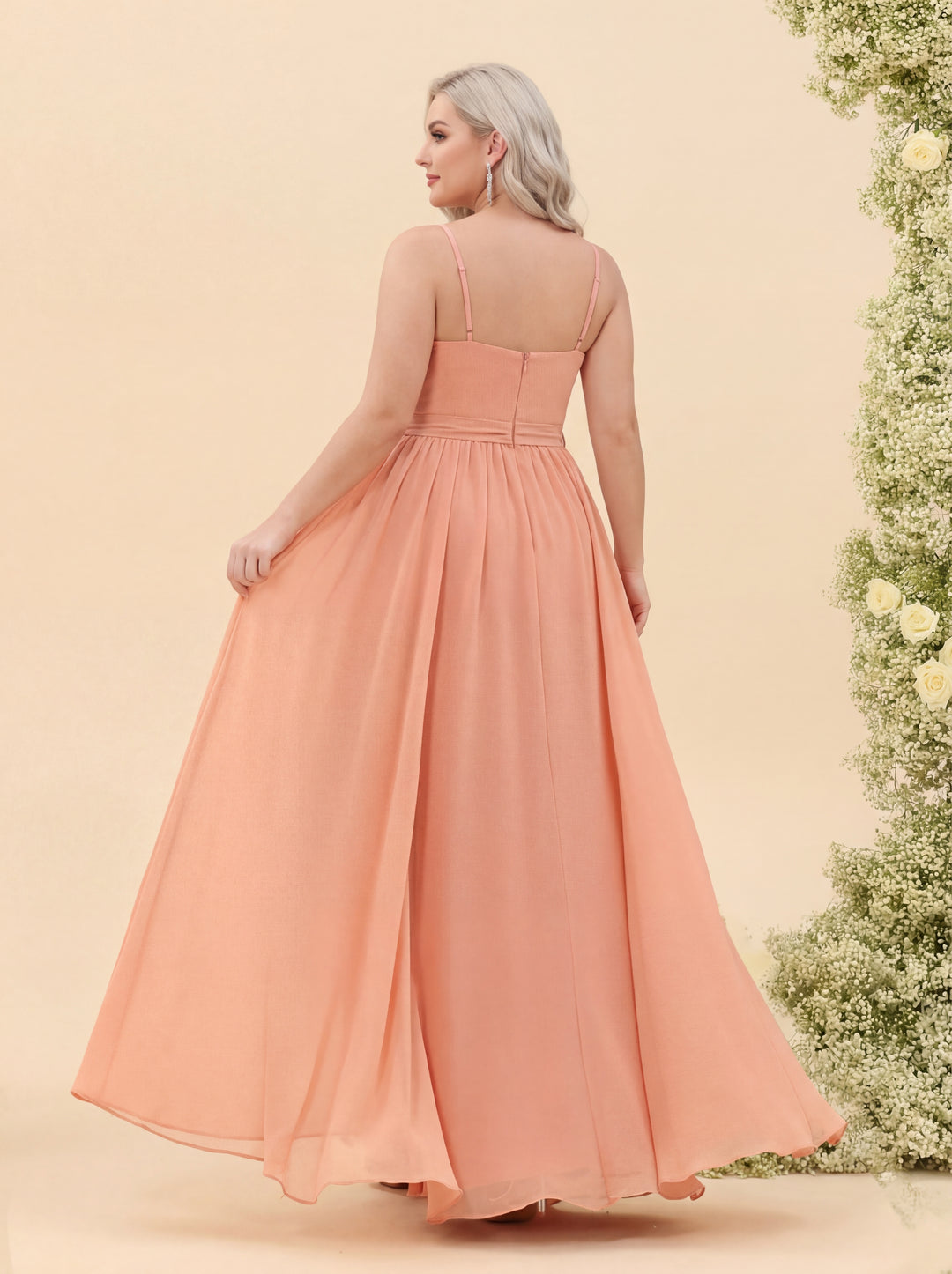 A-Line/Princess Floor-Length Spaghetti Straps Ruffles Plus Size Bridesmaid Dresses With Split Side