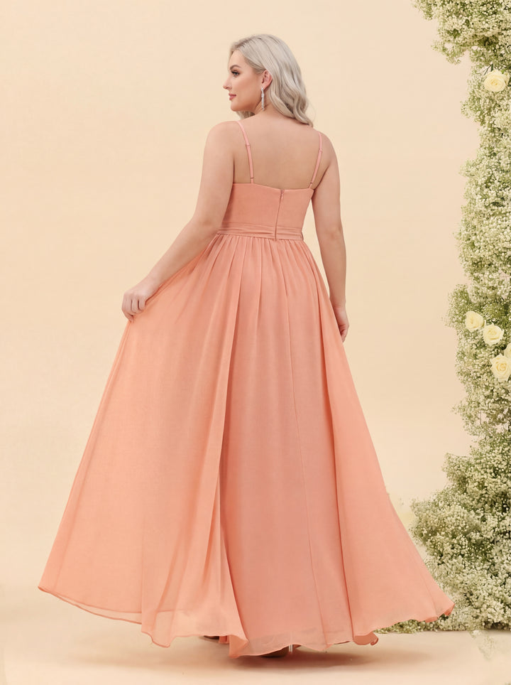 A-Line/Princess Floor-Length Spaghetti Straps Ruffles Plus Size Bridesmaid Dresses With Split Side
