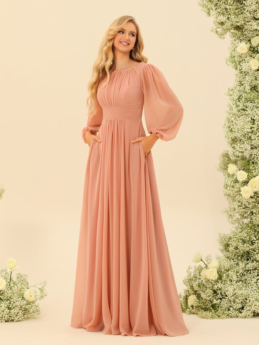 Bridesmaid Dresses 2026 Salmon A-Line Scoop Neck Long Sleeves Floor-Length Chiffon Formal Wedding Party Evening Gowns with Pockets