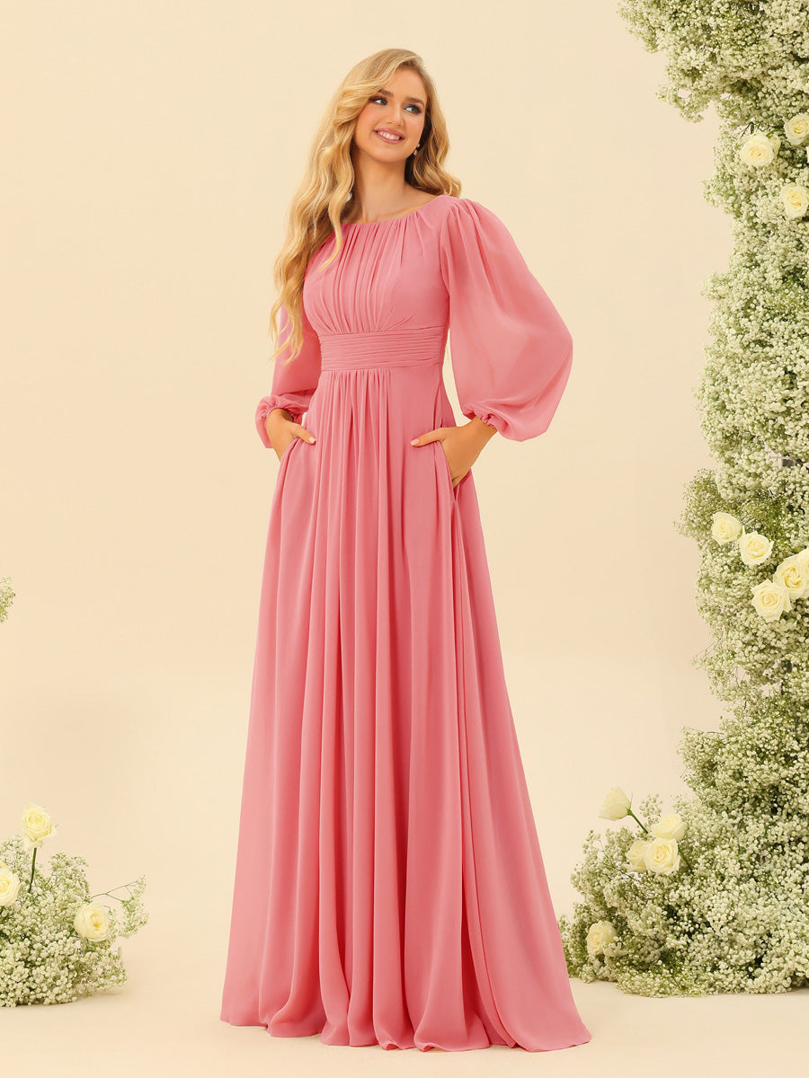 Lavetir Fuchsia A-Line/Princess Floor-Length Long Sleeves Bridesmaid Dresses With Sash 2026