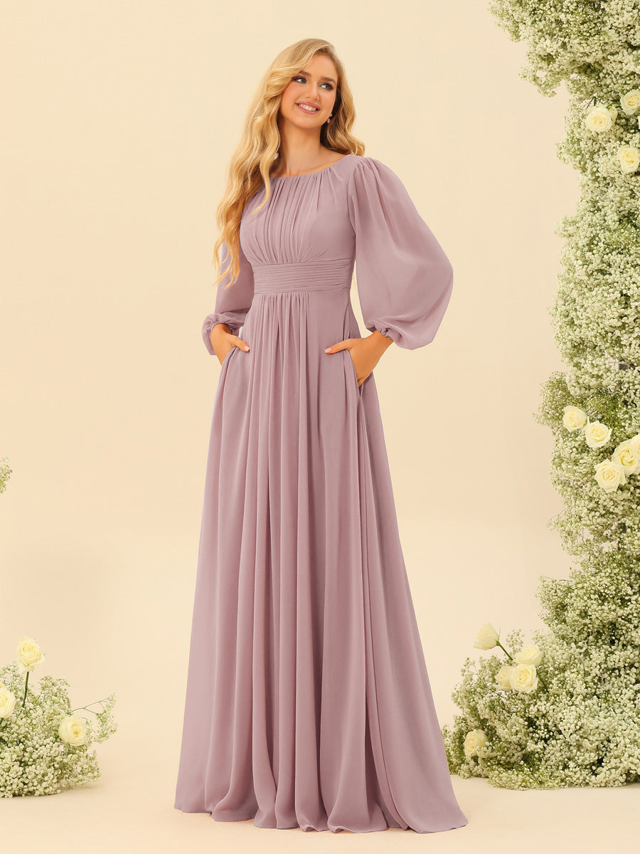Lavetir Dusty Purple A-Line/Princess Floor-Length Long Sleeves Bridesmaid Dresses With Sash 2026