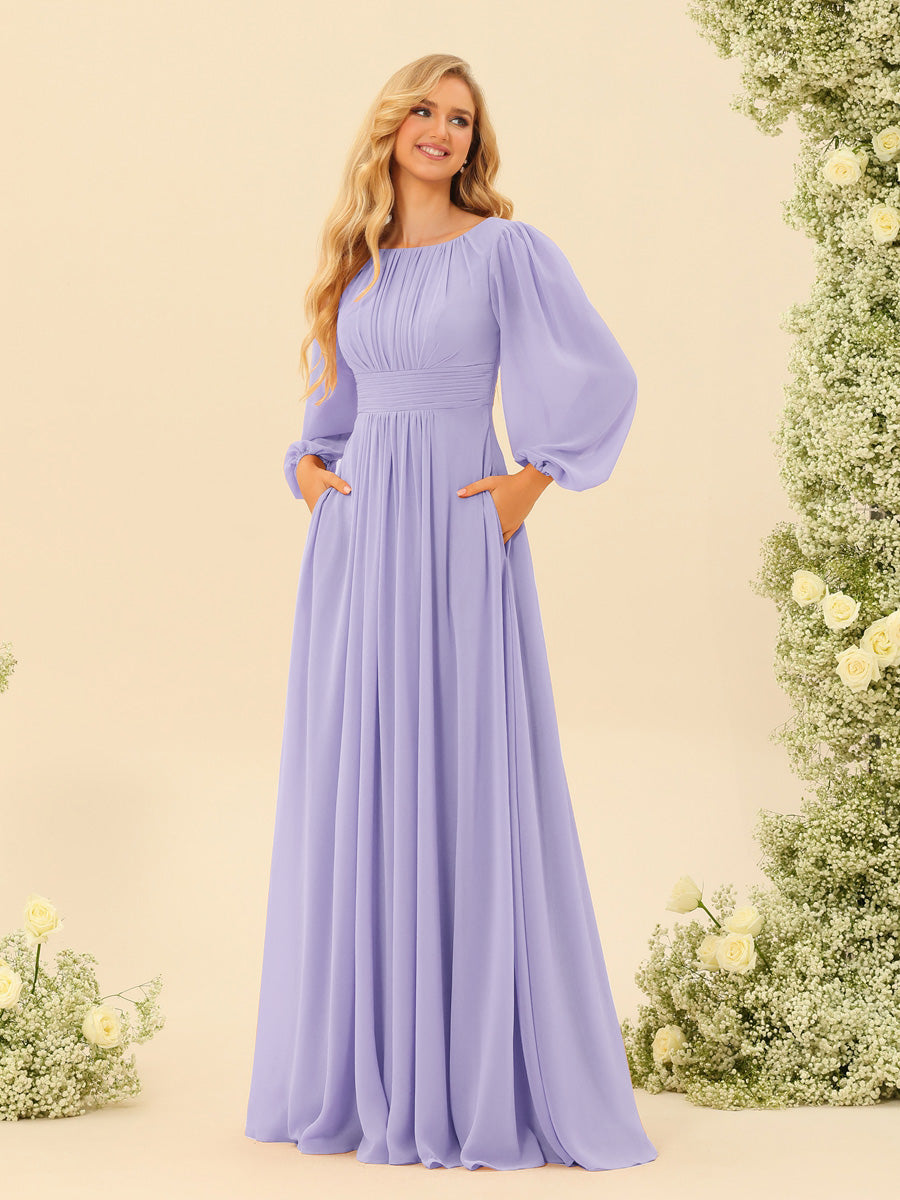 Lavetir Dusty Purple A-Line/Princess Floor-Length Long Sleeves Bridesmaid Dresses With Sash 2026
