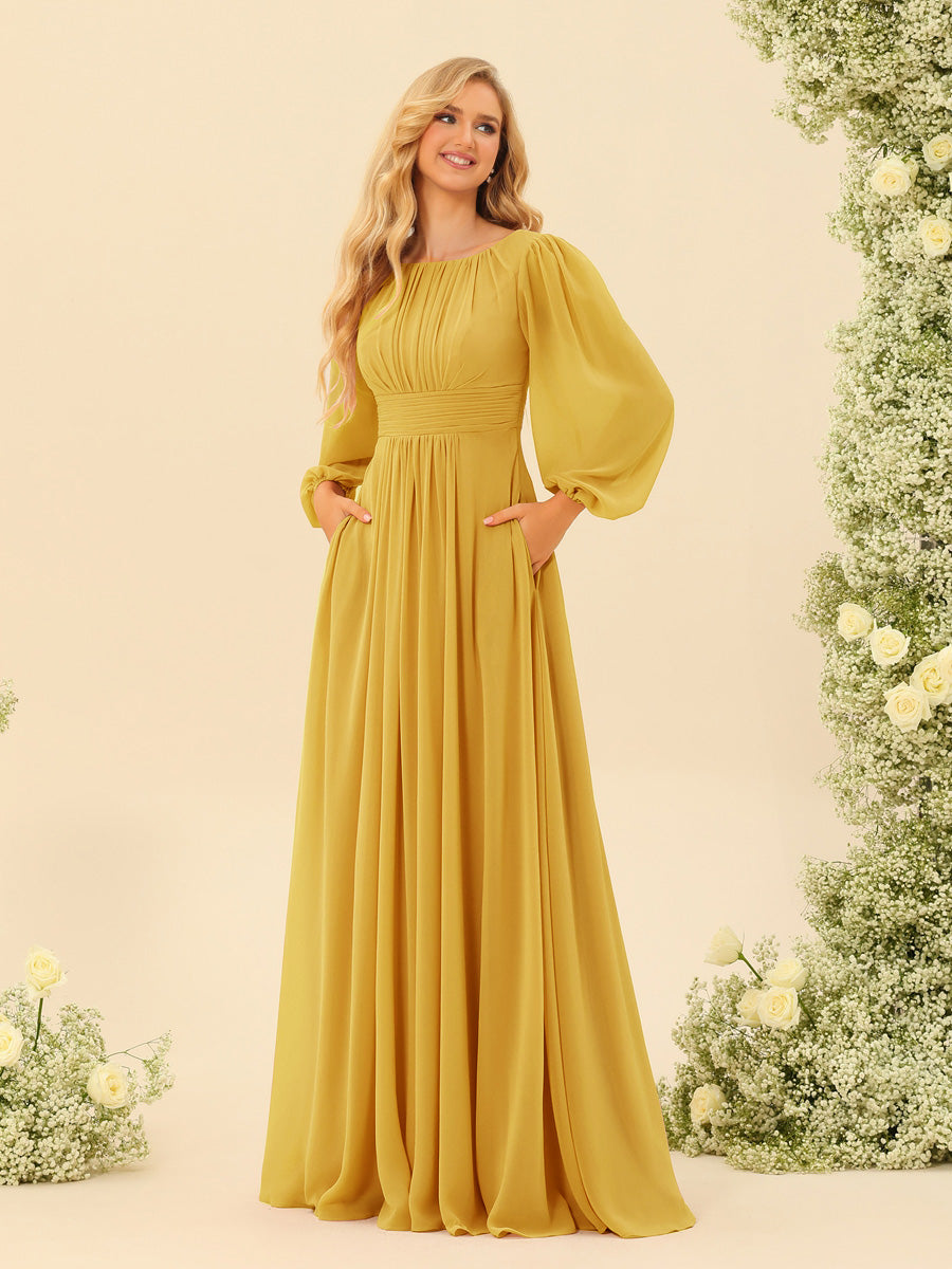 Lavetir Mustard Yellow A-Line/Princess Floor-Length Long Sleeves Bridesmaid Dresses With Sash 2026