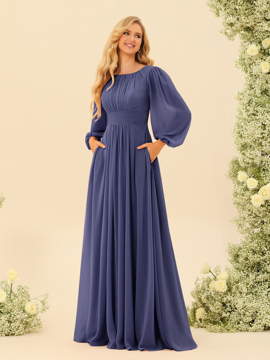 Lavetir Plum A-Line/Princess Floor-Length Long Sleeves Bridesmaid Dresses With Sash 2026