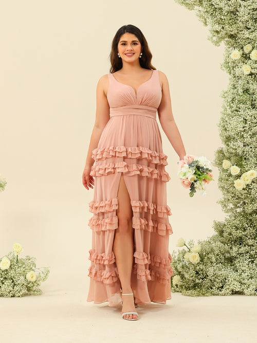 A-Line/Princess Floor-Length Sleeveless Plus Size Bridesmaid Dresses With Ruffles