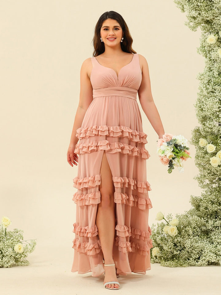 A-Line/Princess Floor-Length Sleeveless Plus Size Bridesmaid Dresses With Ruffles