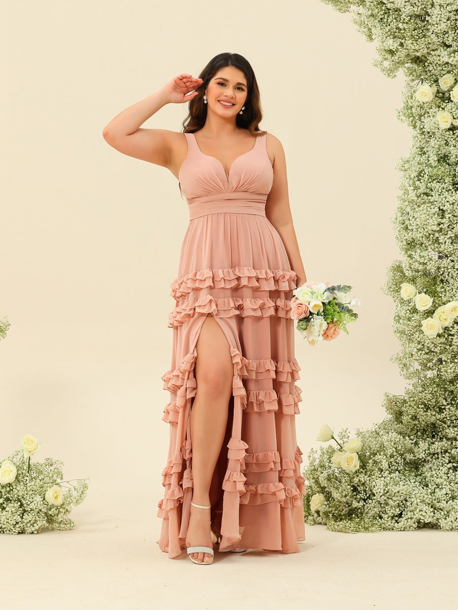 A-Line/Princess Floor-Length Sleeveless Plus Size Bridesmaid Dresses With Ruffles