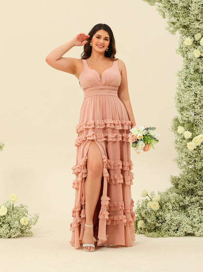 A-Line/Princess Floor-Length Sleeveless Plus Size Bridesmaid Dresses With Ruffles