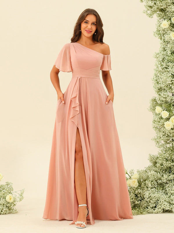 A-Line/Princess One-Shoulder Floor-Length Split Side Bridesmaid Dresses