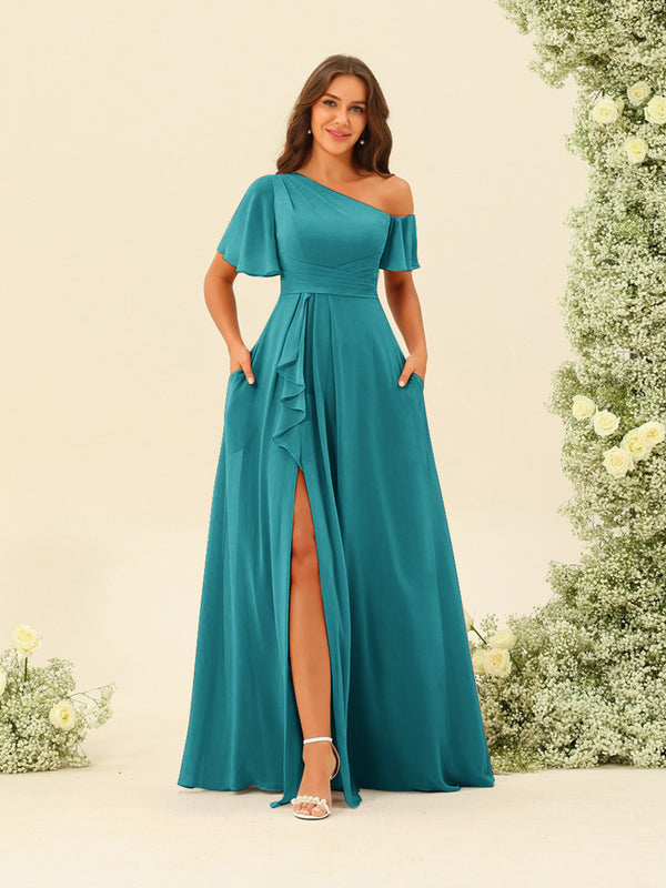 A-Line/Princess One-Shoulder Floor-Length Split Side Bridesmaid Dresses