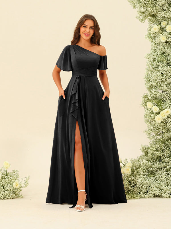A-Line/Princess One-Shoulder Floor-Length Split Side Bridesmaid Dresses