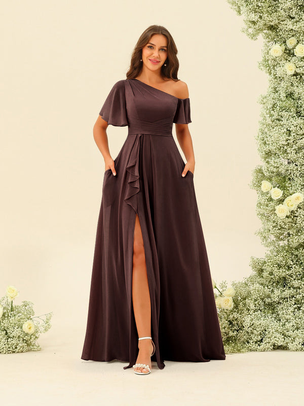 A-Line/Princess One-Shoulder Floor-Length Split Side Bridesmaid Dresses