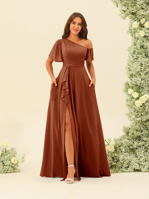 A-Line/Princess One-Shoulder Floor-Length Split Side Bridesmaid Dresses