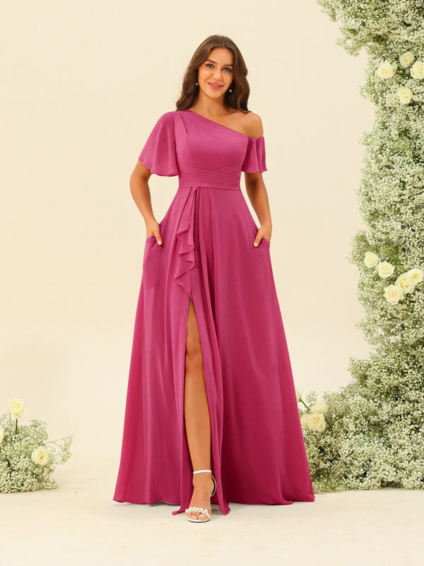 A-Line/Princess One-Shoulder Floor-Length Split Side Bridesmaid Dresses