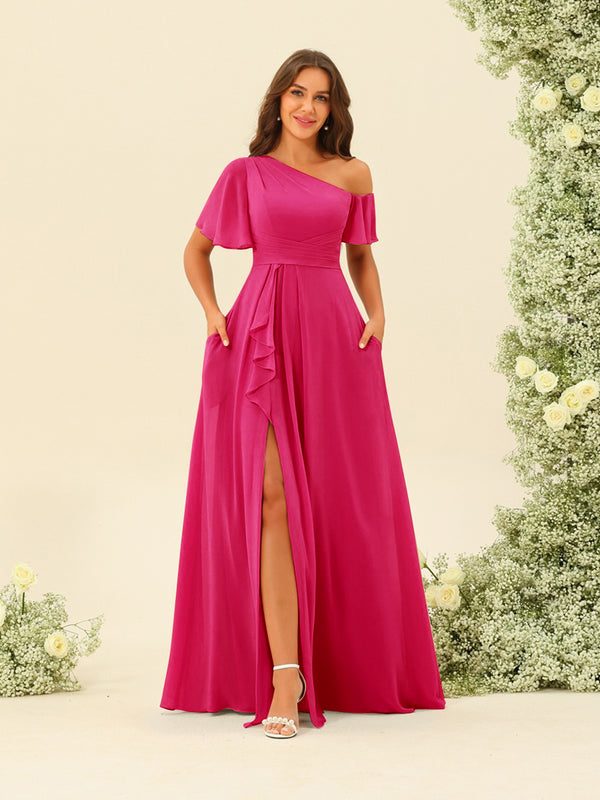 A-Line/Princess One-Shoulder Floor-Length Split Side Bridesmaid Dresses