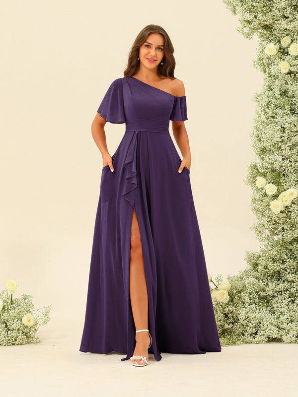 A-Line/Princess One-Shoulder Floor-Length Split Side Bridesmaid Dresses