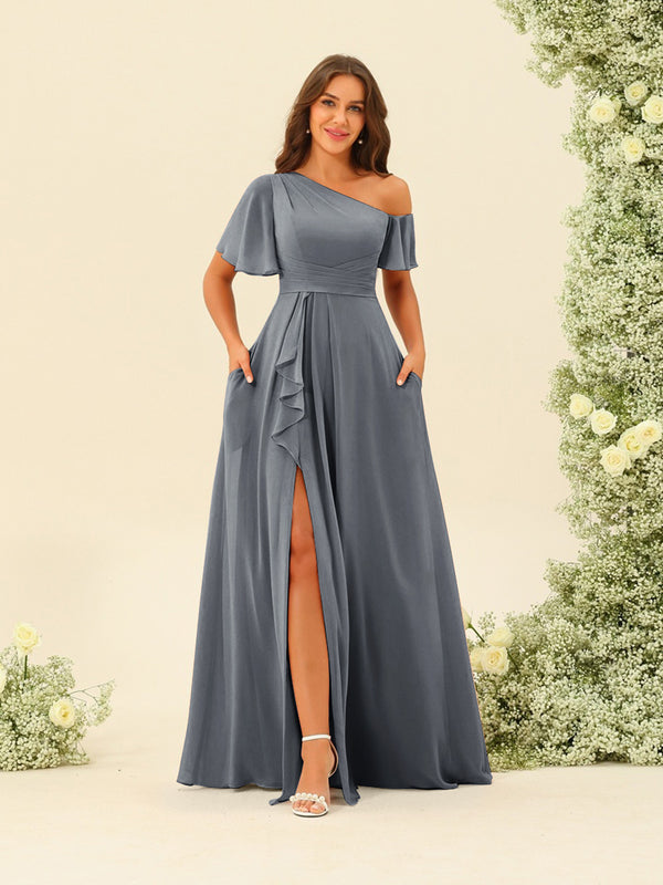 A-Line/Princess One-Shoulder Floor-Length Split Side Bridesmaid Dresses