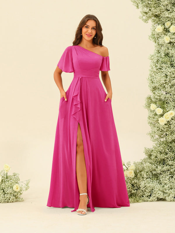 A-Line/Princess One-Shoulder Floor-Length Split Side Bridesmaid Dresses