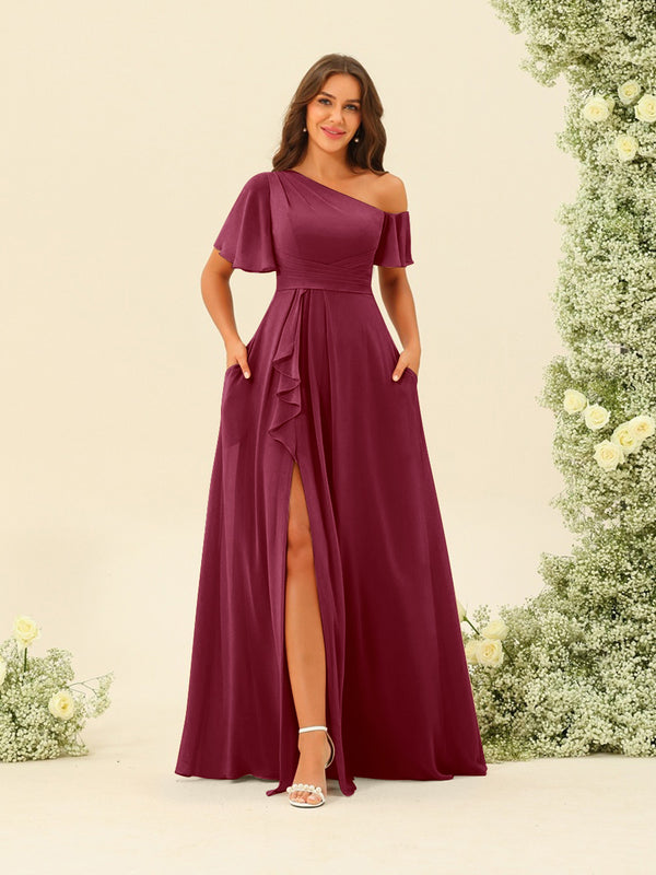 A-Line/Princess One-Shoulder Floor-Length Split Side Bridesmaid Dresses