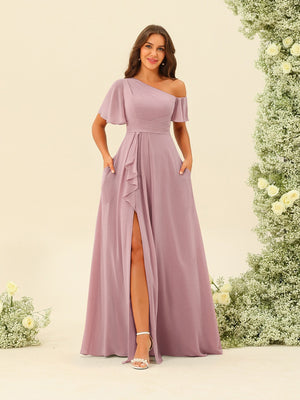 one shoulder purple bridesmaid dresses Long One Shoulder Lace Bridesmaid Dress Chiffon Skirt TBQP363
