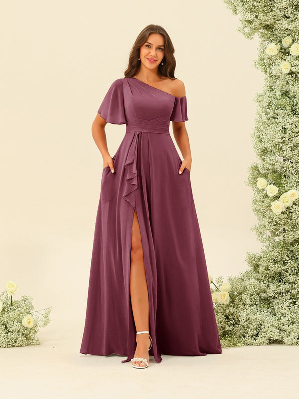 A-Line/Princess One-Shoulder Floor-Length Split Side Bridesmaid Dresses
