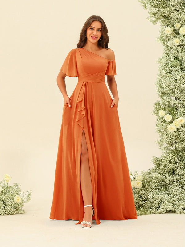 A-Line/Princess One-Shoulder Floor-Length Split Side Bridesmaid Dresses