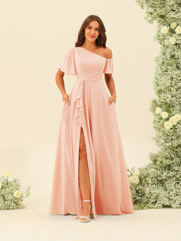 A-Line/Princess One-Shoulder Floor-Length Split Side Bridesmaid Dresses