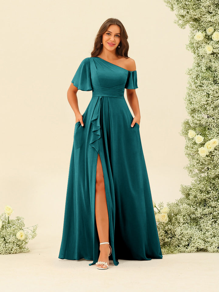 A-Line/Princess One-Shoulder Floor-Length Split Side Bridesmaid Dresses